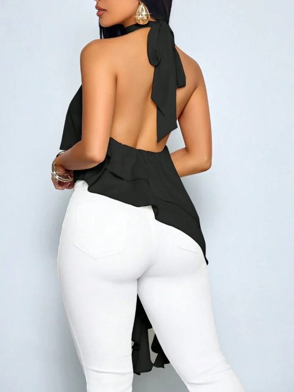 Black Casual Women's Asymmetric Flowing Halter Neck Ruffle Hem Blouse